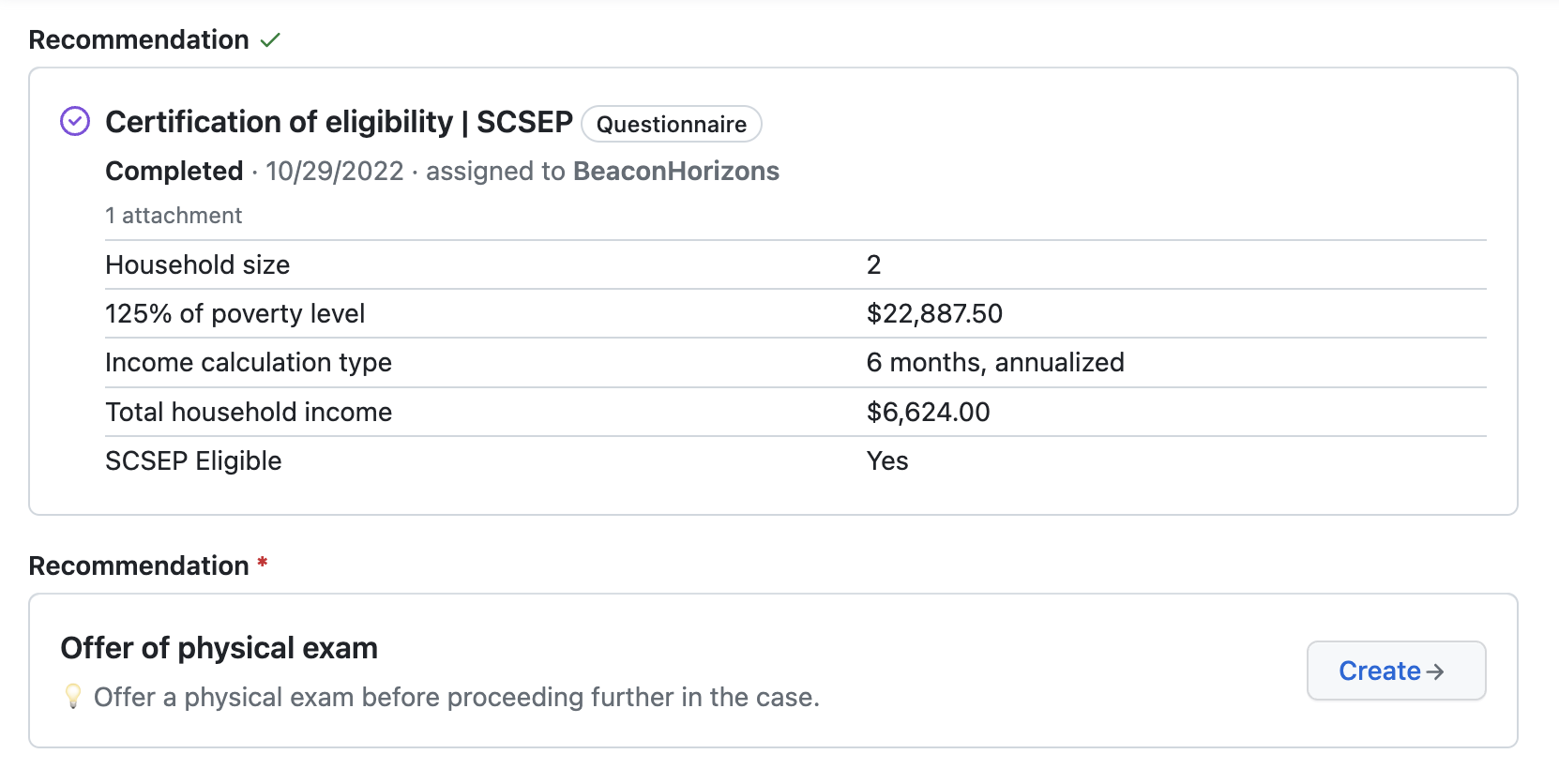 A fulfilled recommendation to complete a certification of eligibility form during enrollment